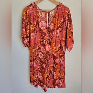 IVY Floral V-Neck Viscose Romper in Red and Orange